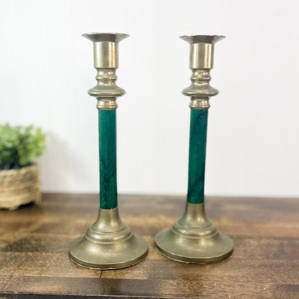 Vintage Green &‎ Brass Candlestick Set - Mid-Century Modern Decor